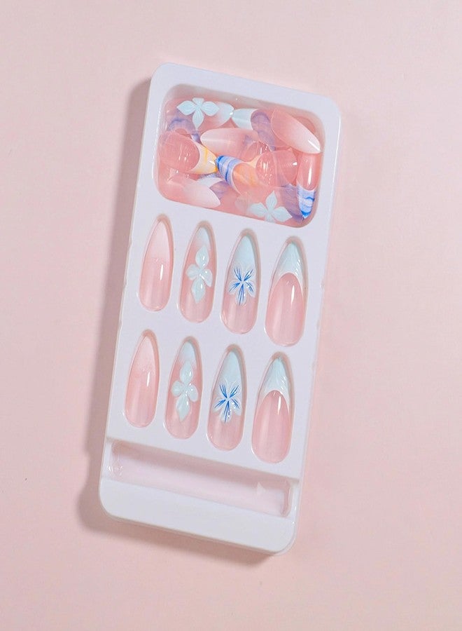 MISUD Press on Nails - Medium Almond Glue on Nails with Blue Beach, Acrylic Handmade 3D Flower Design 24 pcs - Image 2